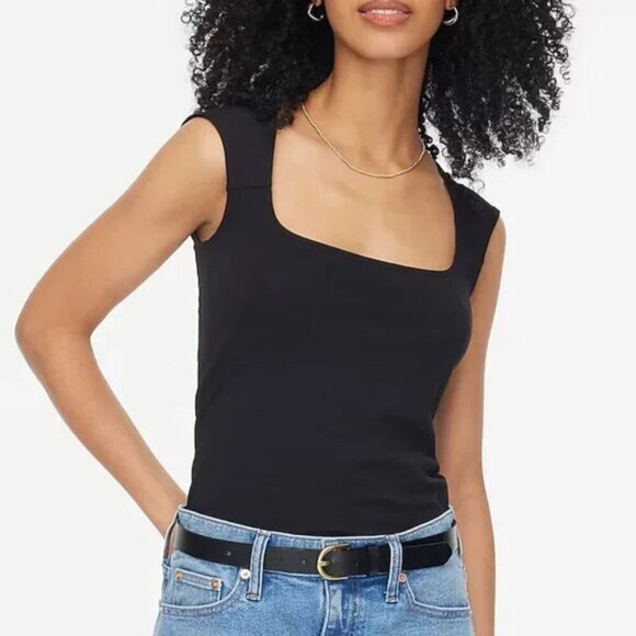 J. Crew Cap-Sleeve Stretch Cotton Blend Squareneck Tank Top Black Size L NWT - Picture 1 of 6